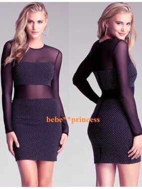 $180 New Bebe Dress black silver stud long sleeve mesh inset bodycon M Medium